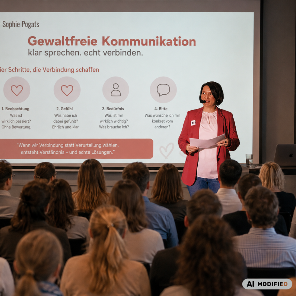 Sophie Pogats hält Vortrag AI modified